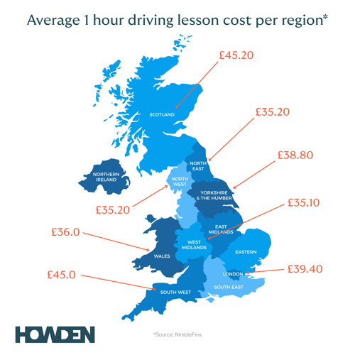 Map of UK showing average 1 hour driving lesson cost per region