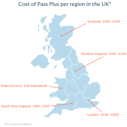Map showing pass plus cost per region UK